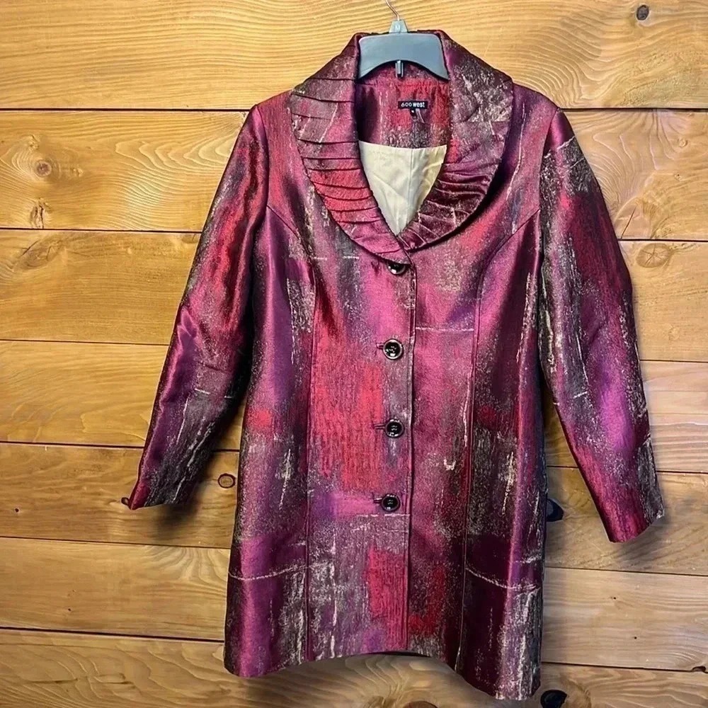 600 West Womens Burgundy Gold Abstract Print Button Blazer Jacket Med Christmas
